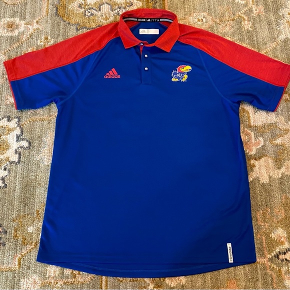 Kansas Jayhawks Adidas Polo Shirt Size Large Color Crimson And Blue - Picture 1 of 6